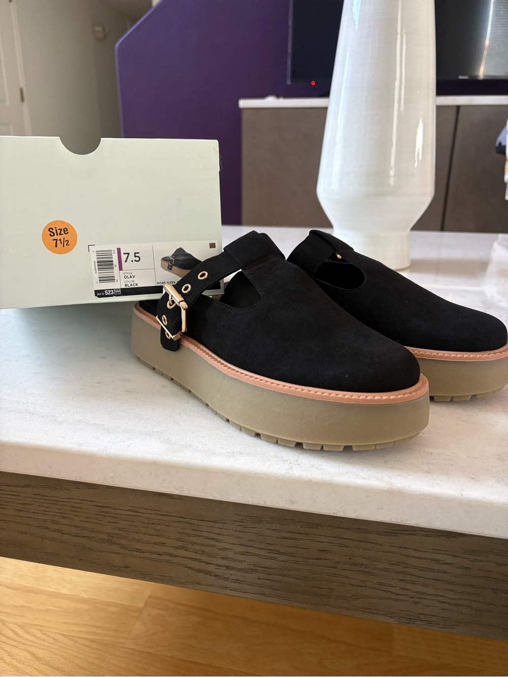 SO Black Suede Platform Mules with Tan Trim and Gold Buckle